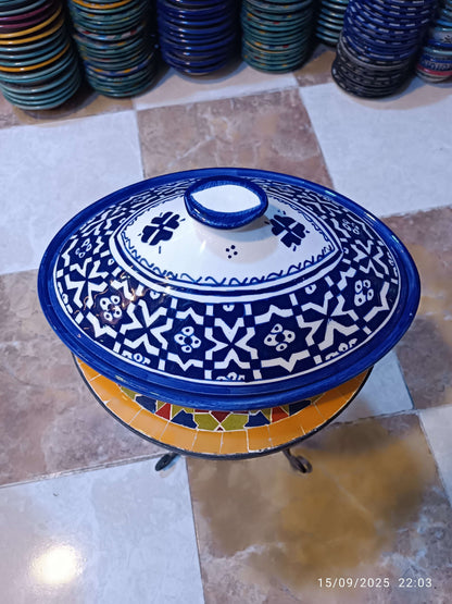 Oval Tagine – Blue & White Geometric Design Handmade Moroccan