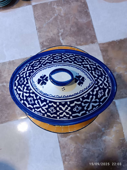 Handmade Moroccan Oval Tagine – Multicolor Fez Embroidery Design