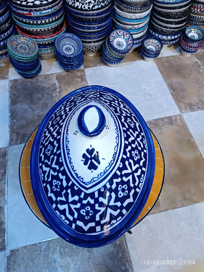 Oval Tagine – Blue & White Geometric Design Handmade Moroccan