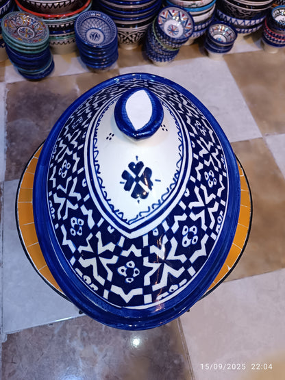 Oval Tagine – Blue & White Geometric Design Handmade Moroccan