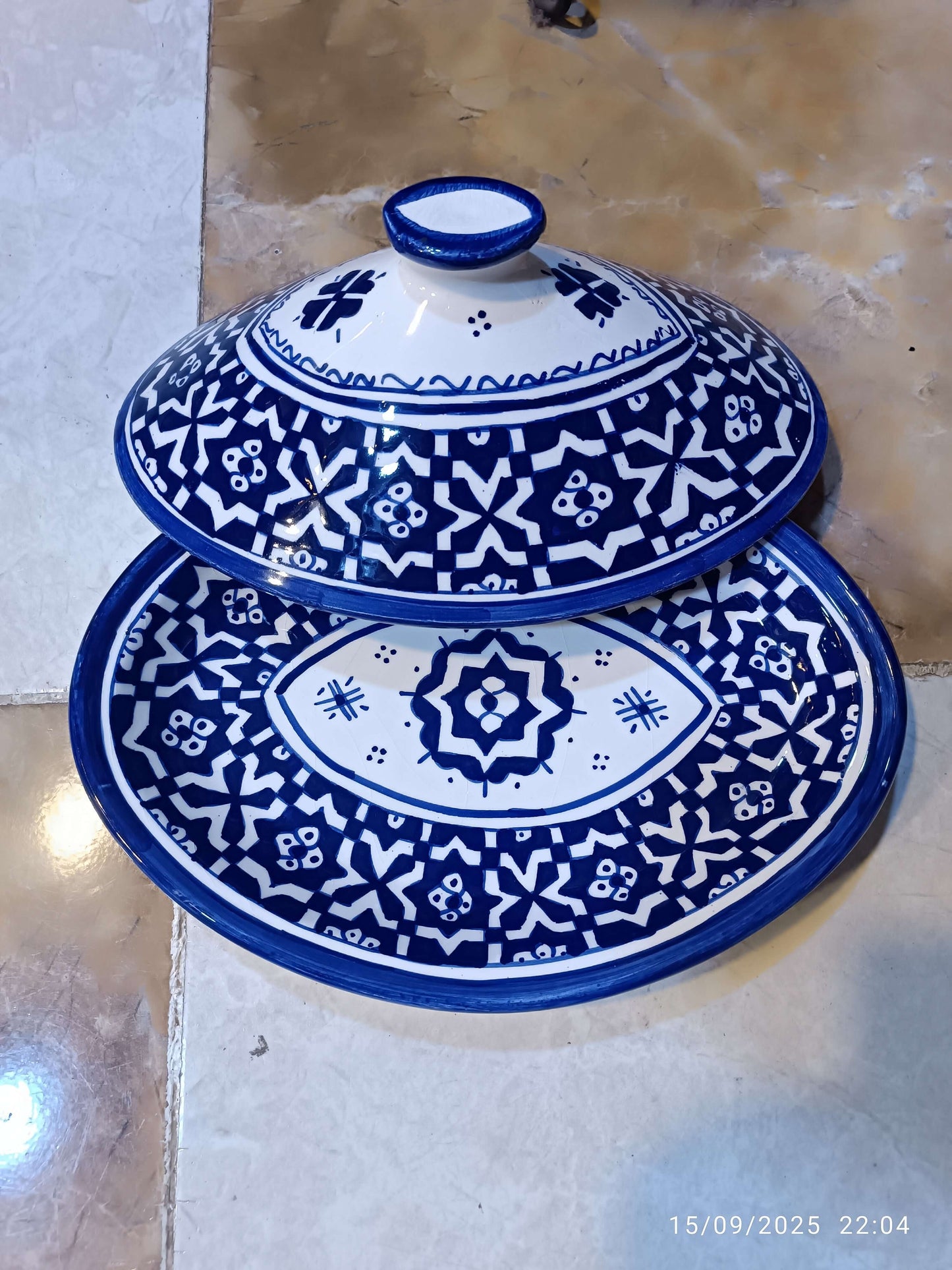 Oval Tagine – Blue & White Geometric Design Handmade Moroccan