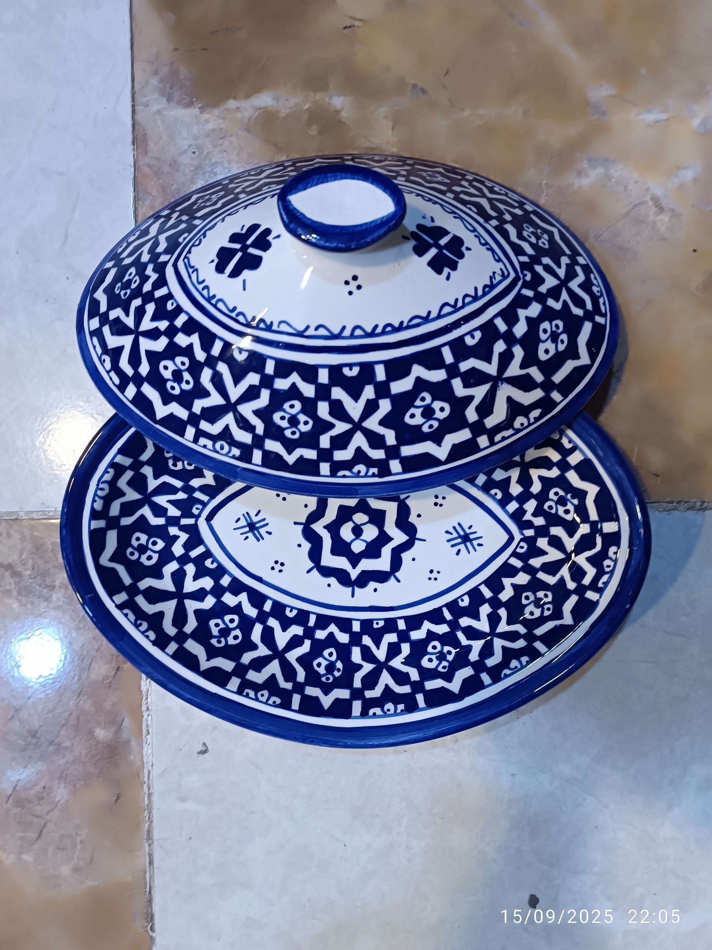 Oval Tagine – Blue & White Geometric Design Handmade Moroccan