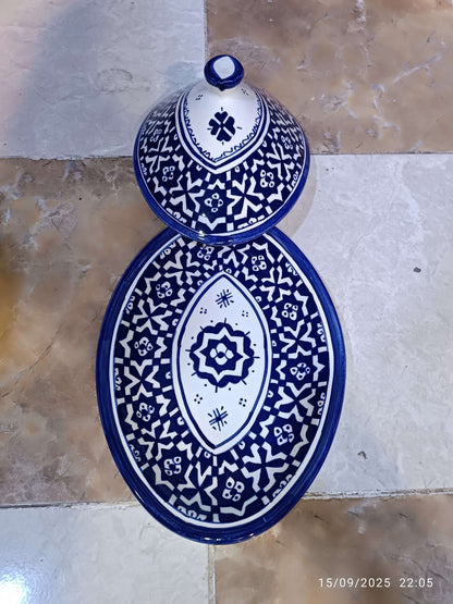 Handmade Moroccan Oval Tagine – Multicolor Fez Embroidery Design