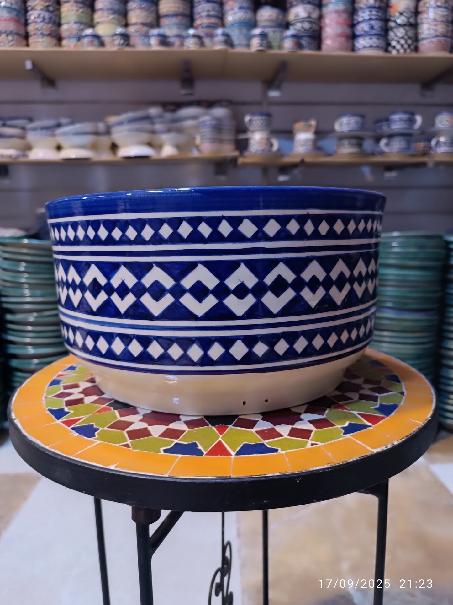 Moroccan Ceramic Salad Bowl – Blue Geometric Pattern | Food Safe Bowl from Fez