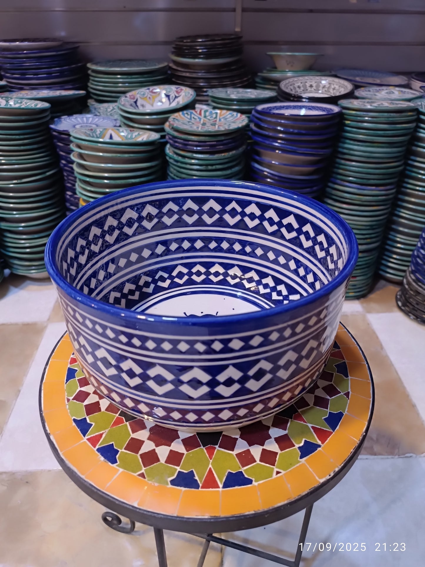 Moroccan Ceramic Salad Bowl – Blue Geometric Pattern | Food Safe Bowl from Fez