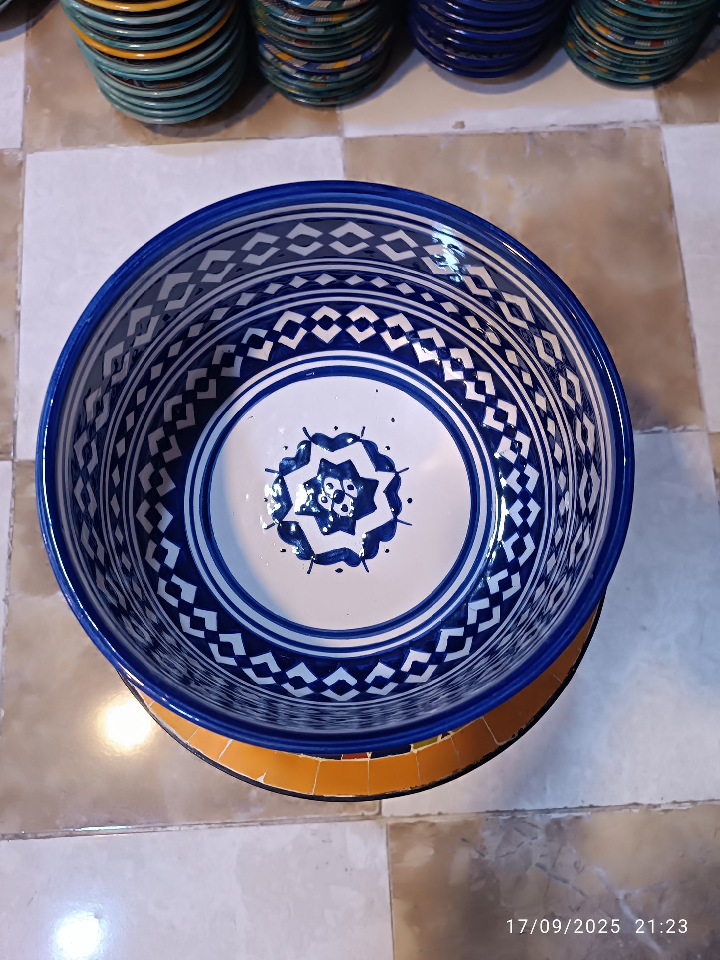 Moroccan Ceramic Salad Bowl – Blue Geometric Pattern | Food Safe Bowl from Fez