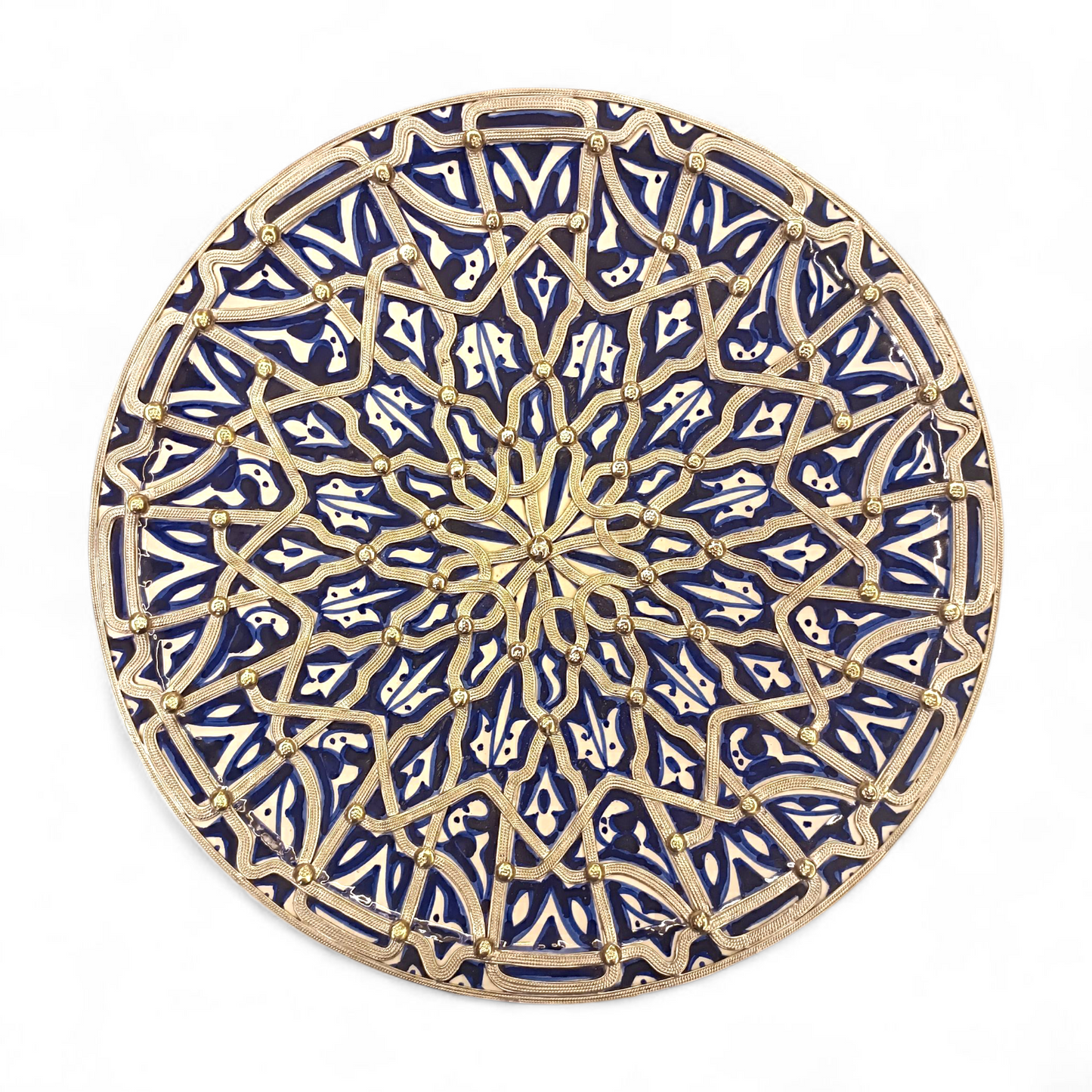 Handcrafted Moroccan Fes Pottery Plate with Nickel Inlay – Blue Ceramic Wall Decor from Fez