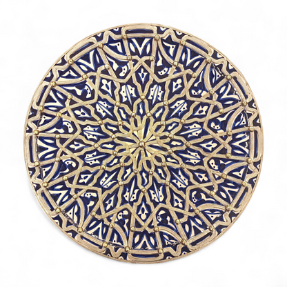 Handcrafted Moroccan Fes Pottery Plate with Nickel Inlay – Blue Ceramic Wall Decor from Fez
