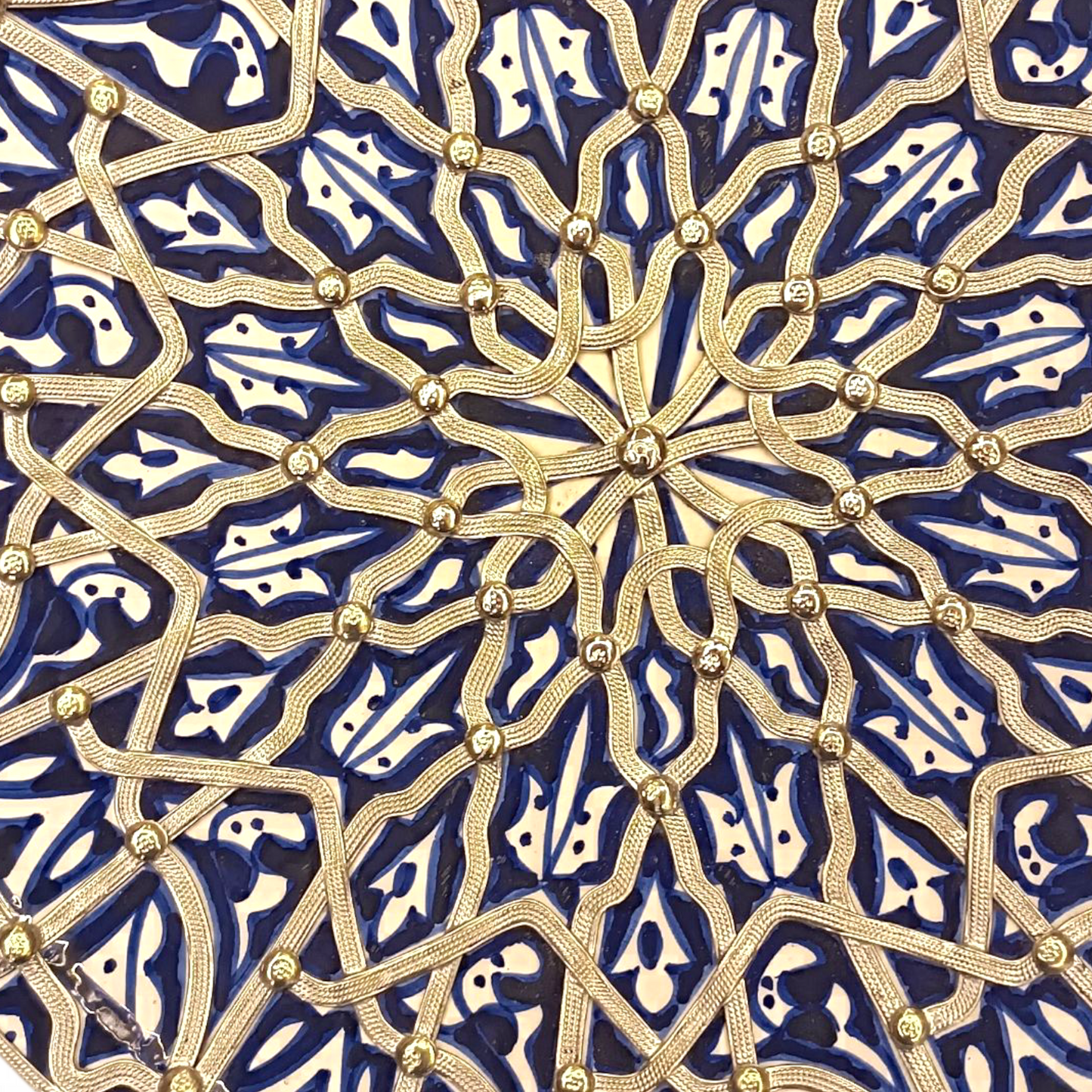 Handcrafted Moroccan Fes Pottery Plate with Nickel Inlay – Blue Ceramic Wall Decor from Fez
