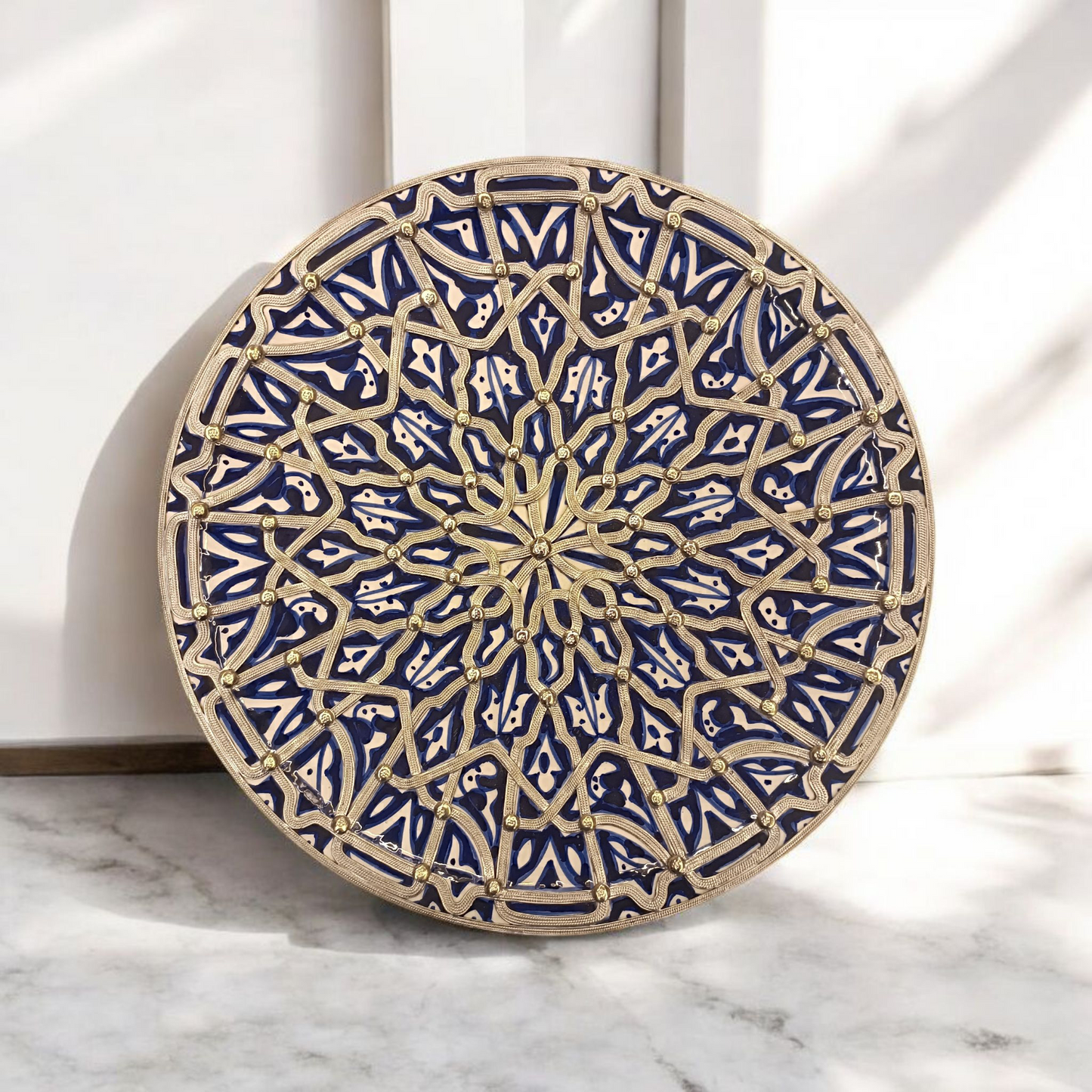 Handcrafted Moroccan Fes Pottery Plate with Nickel Inlay – Blue Ceramic Wall Decor from Fez