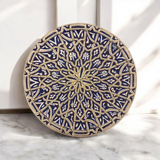 Handcrafted Moroccan Fes Pottery Plate with Nickel Inlay – Blue Ceramic Wall Decor from Fez