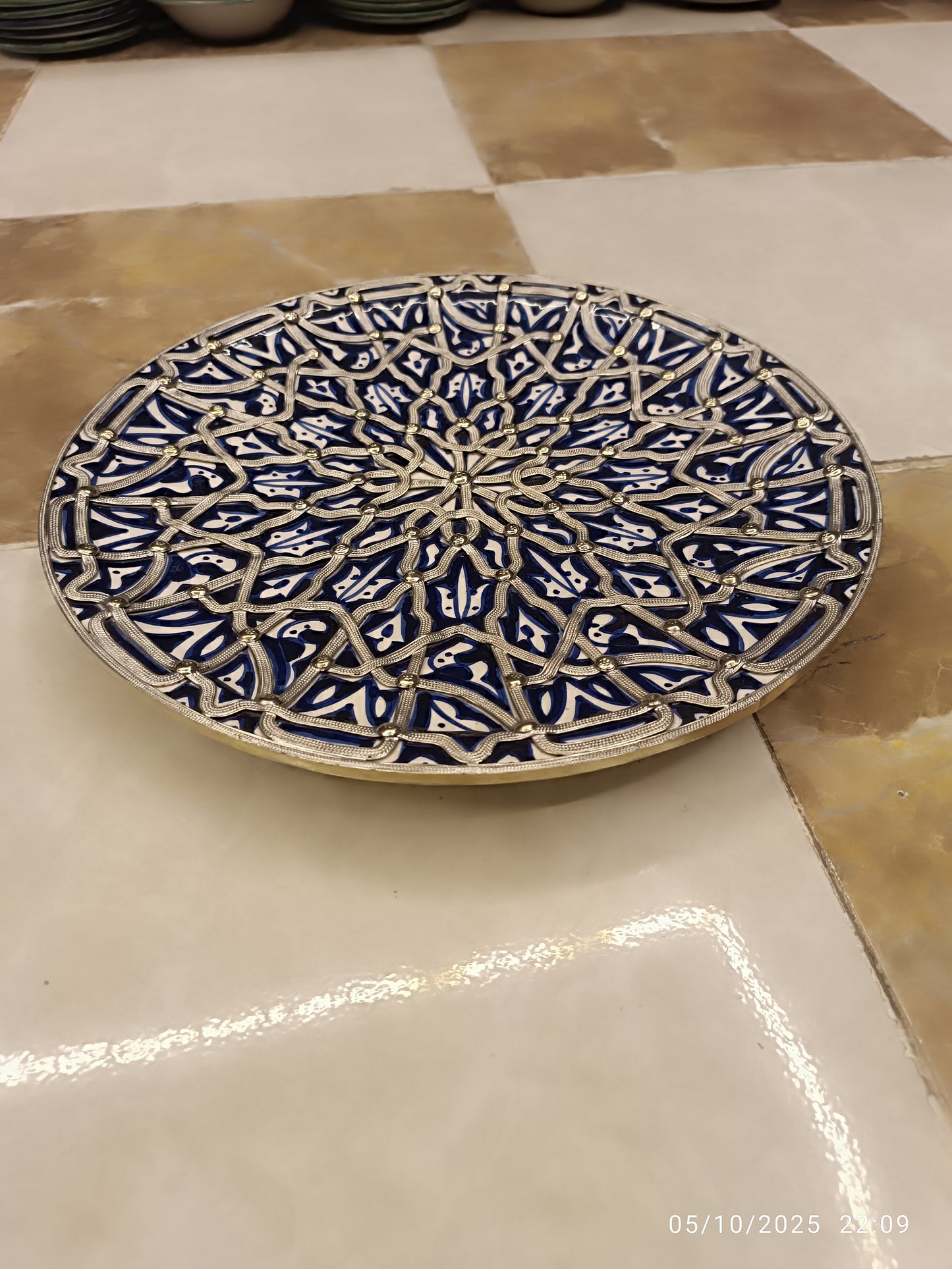Handcrafted Moroccan Fes Pottery Plate with Nickel Inlay – Blue Ceramic Wall Decor from Fez