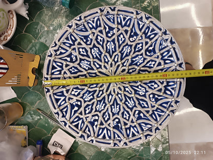 Handcrafted Moroccan Fes Pottery Plate with Nickel Inlay – Blue Ceramic Wall Decor from Fez
