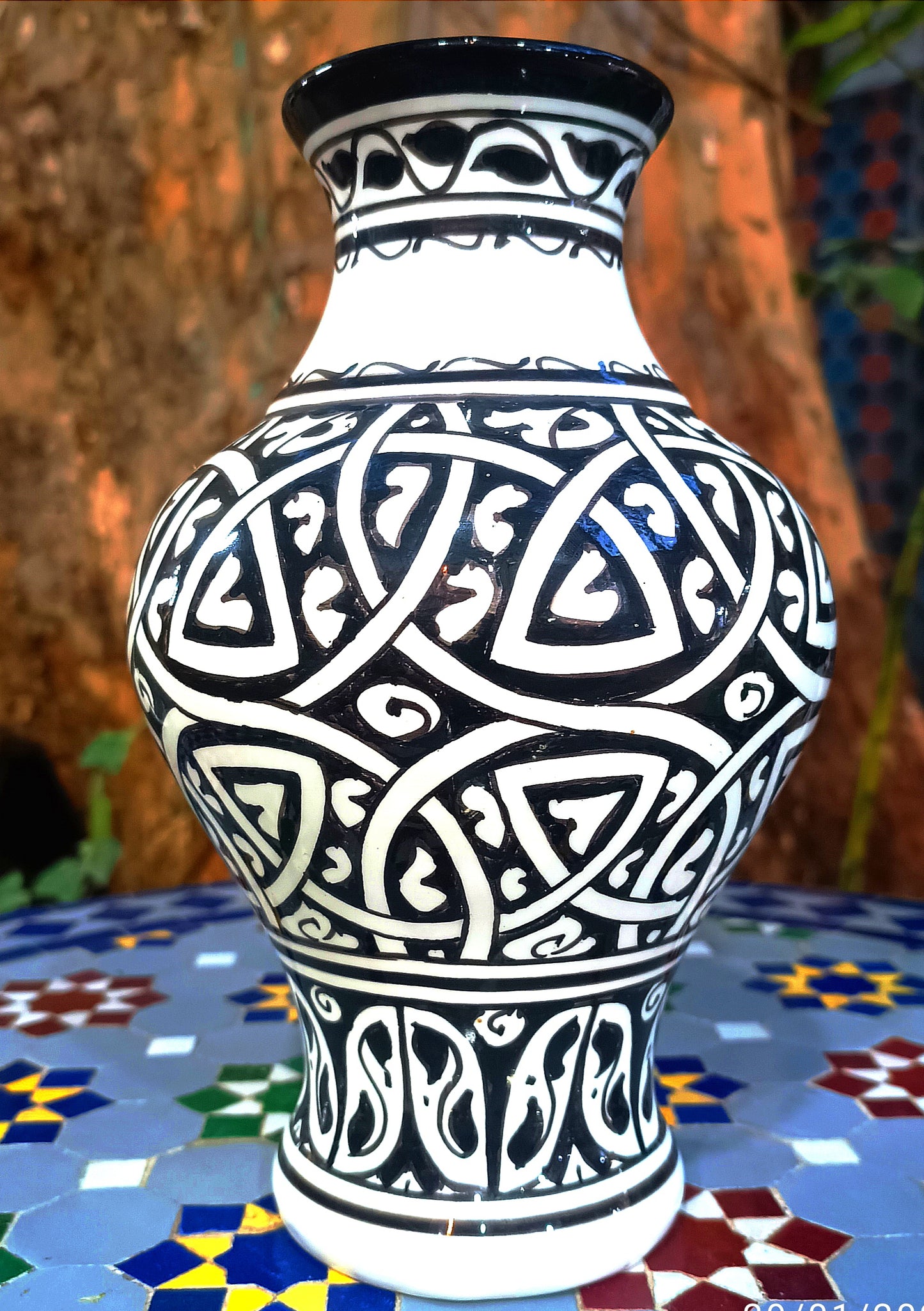 Moroccan ceramic vase, handmade and hand painted 28 cm black and white