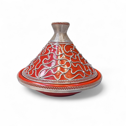 Handcrafted Moroccan Tagine 30cm – Blue, Green & Red Ceramic with Silver Filigree Design