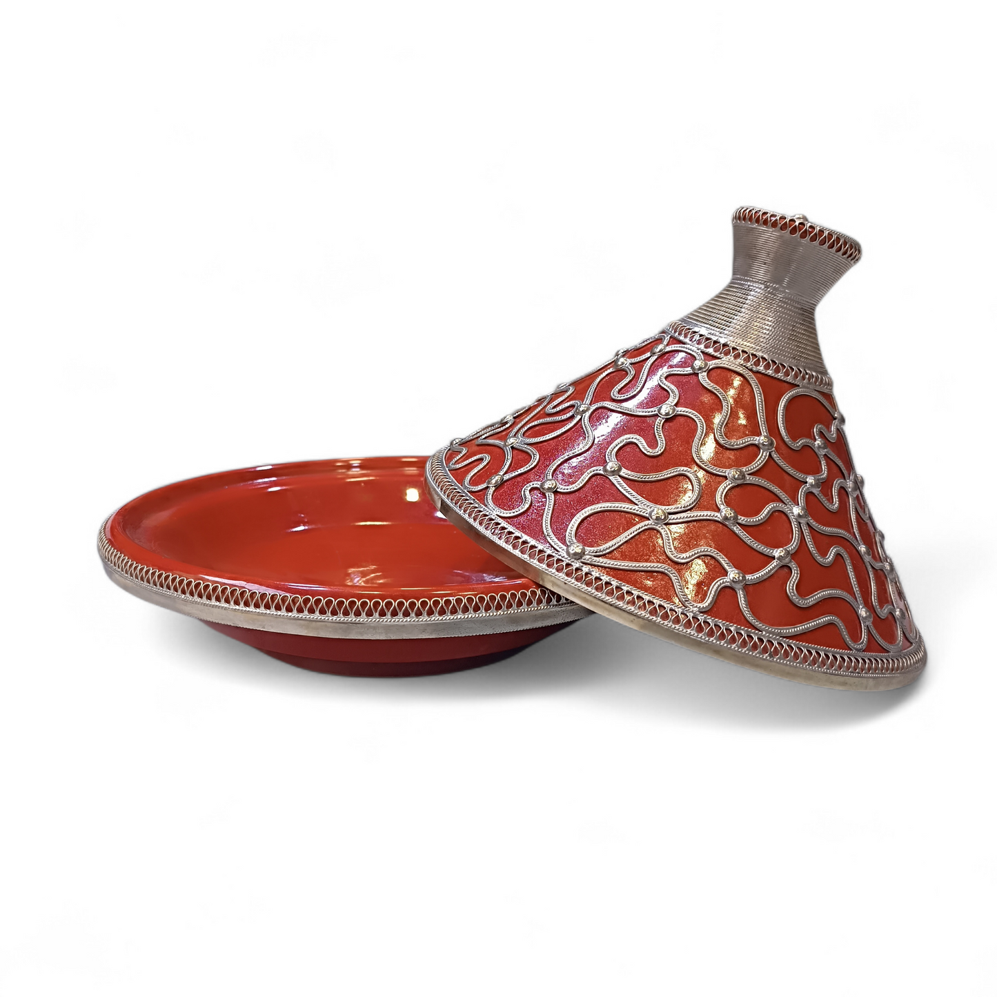 Handcrafted Moroccan Tagine 30cm – Blue, Green & Red Ceramic with Silver Filigree Design