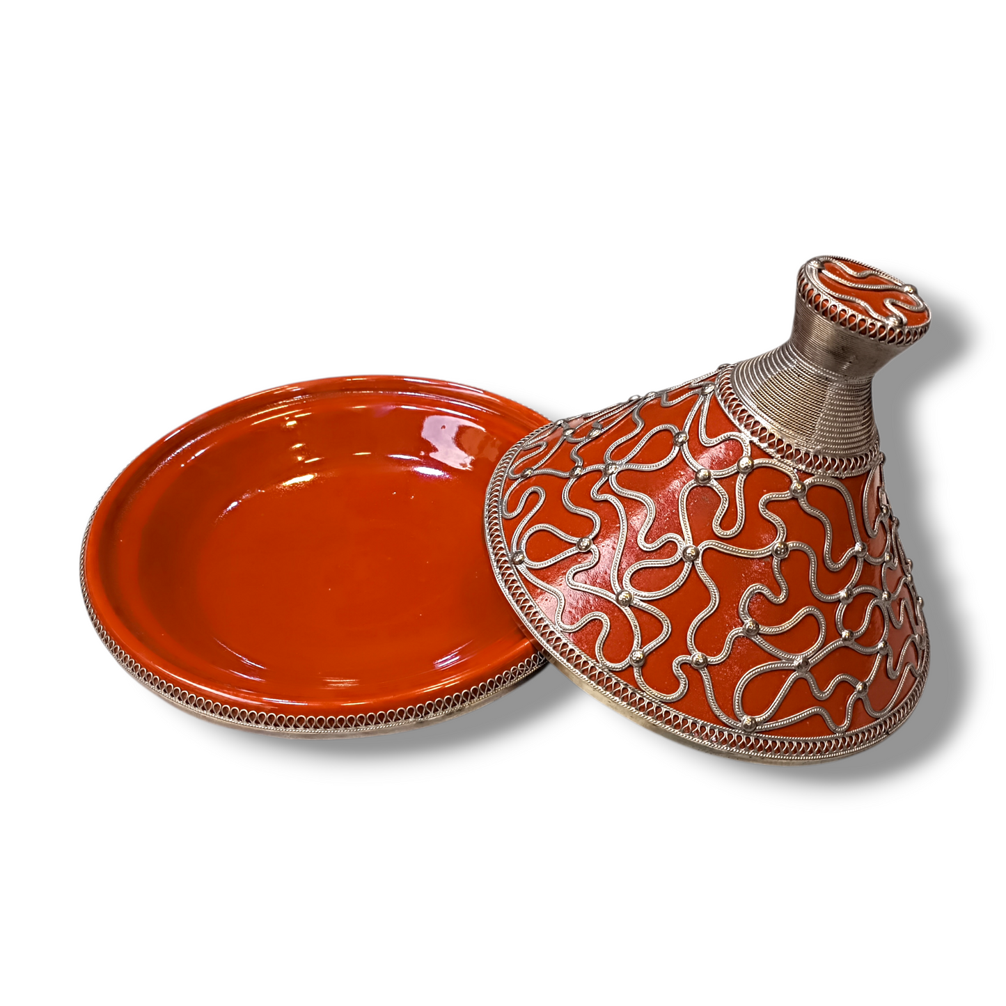 Handcrafted Moroccan Tagine 30cm – Blue, Green & Red Ceramic with Silver Filigree Design