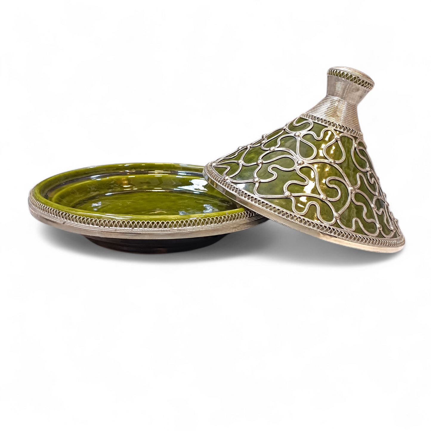 Handcrafted Moroccan Tagine 30cm – Blue, Green & Red Ceramic with Silver Filigree Design
