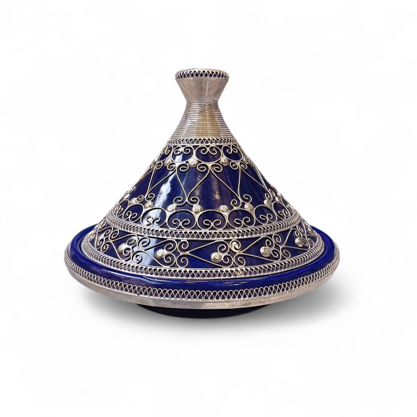 Handcrafted Moroccan Tagine 30cm – Blue, Green & Red Ceramic with Silver Filigree Design