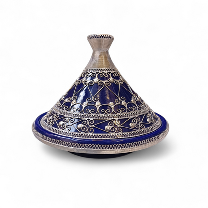 Handcrafted Moroccan Tagine 30cm – Blue, Green & Red Ceramic with Silver Filigree Design