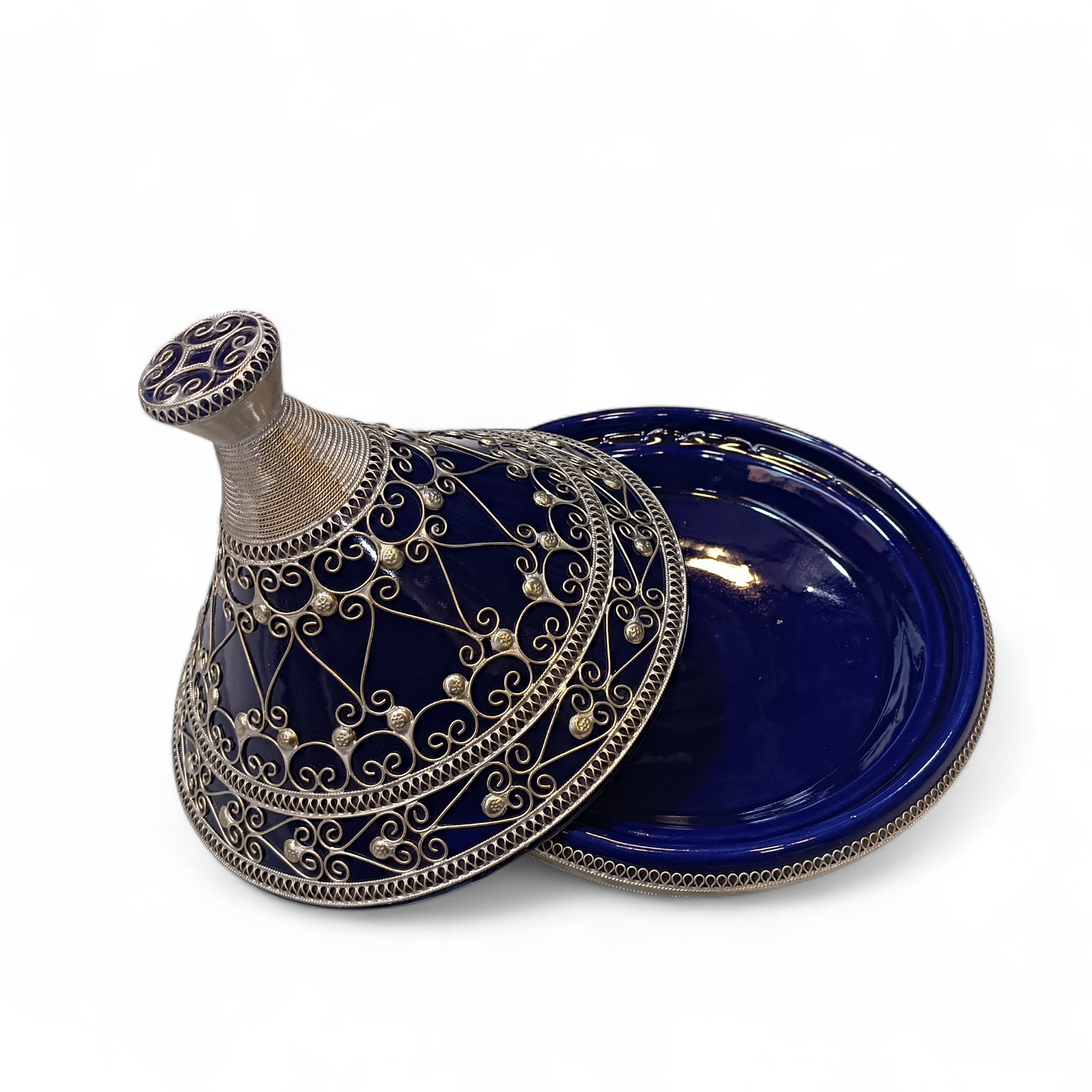 Handcrafted Moroccan Tagine 30cm – Blue, Green & Red Ceramic with Silver Filigree Design