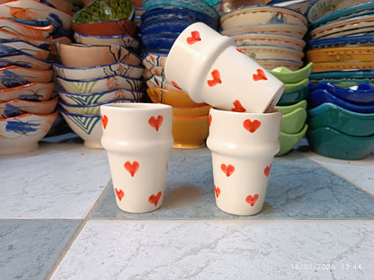 Handmade Moroccan Ceramic Cup with Red Hearts – 11 cm – Microwave & Dishwasher Safe