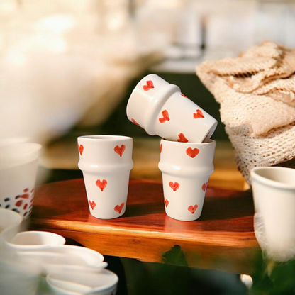 Handmade Moroccan Ceramic Cup with Red Hearts – 11 cm – Microwave & Dishwasher Safe