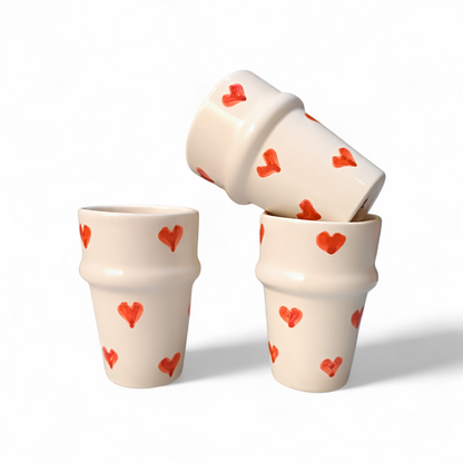 Handmade Moroccan Ceramic Cup with Red Hearts – 11 cm – Microwave & Dishwasher Safe