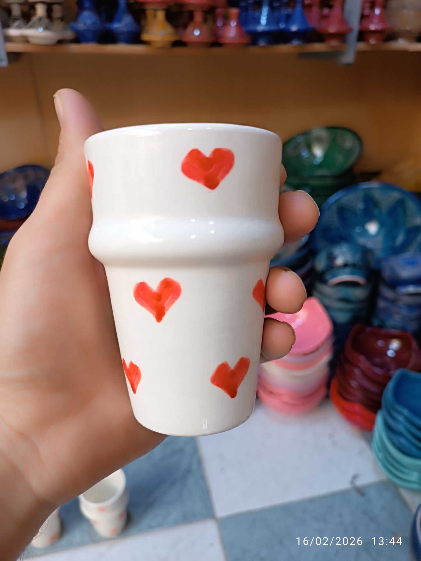 Handmade Moroccan Ceramic Cup with Red Hearts – 11 cm – Microwave & Dishwasher Safe