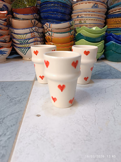 Handmade Moroccan Ceramic Cup with Red Hearts – 11 cm – Microwave & Dishwasher Safe