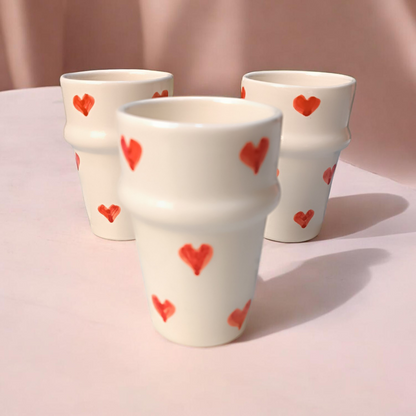Handmade Moroccan Ceramic Cup with Red Hearts – 11 cm – Microwave & Dishwasher Safe