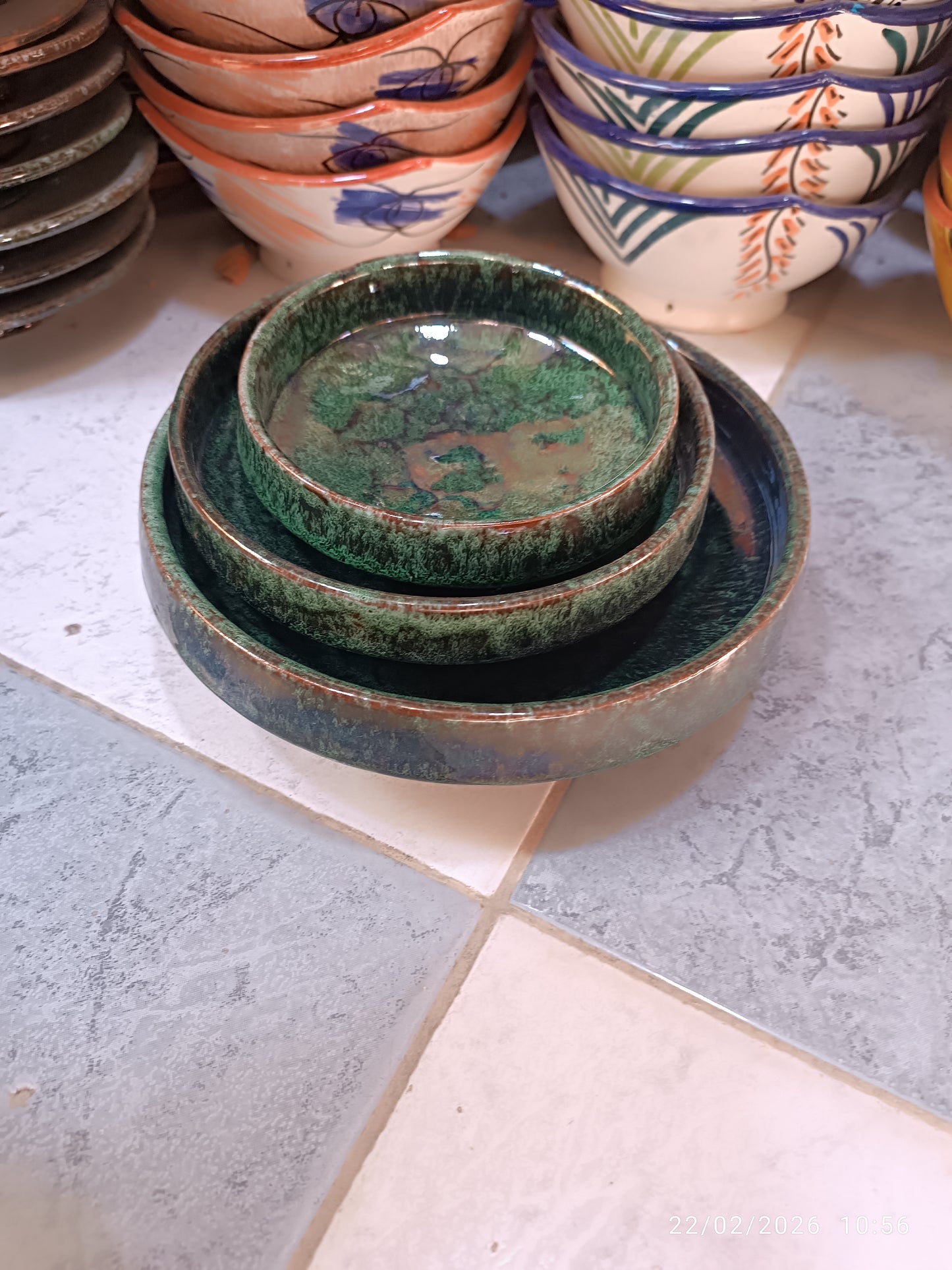 Green Moroccan Ceramic Plates Set – 11cm, 15cm & 20cm | Artisan Stoneware Tableware