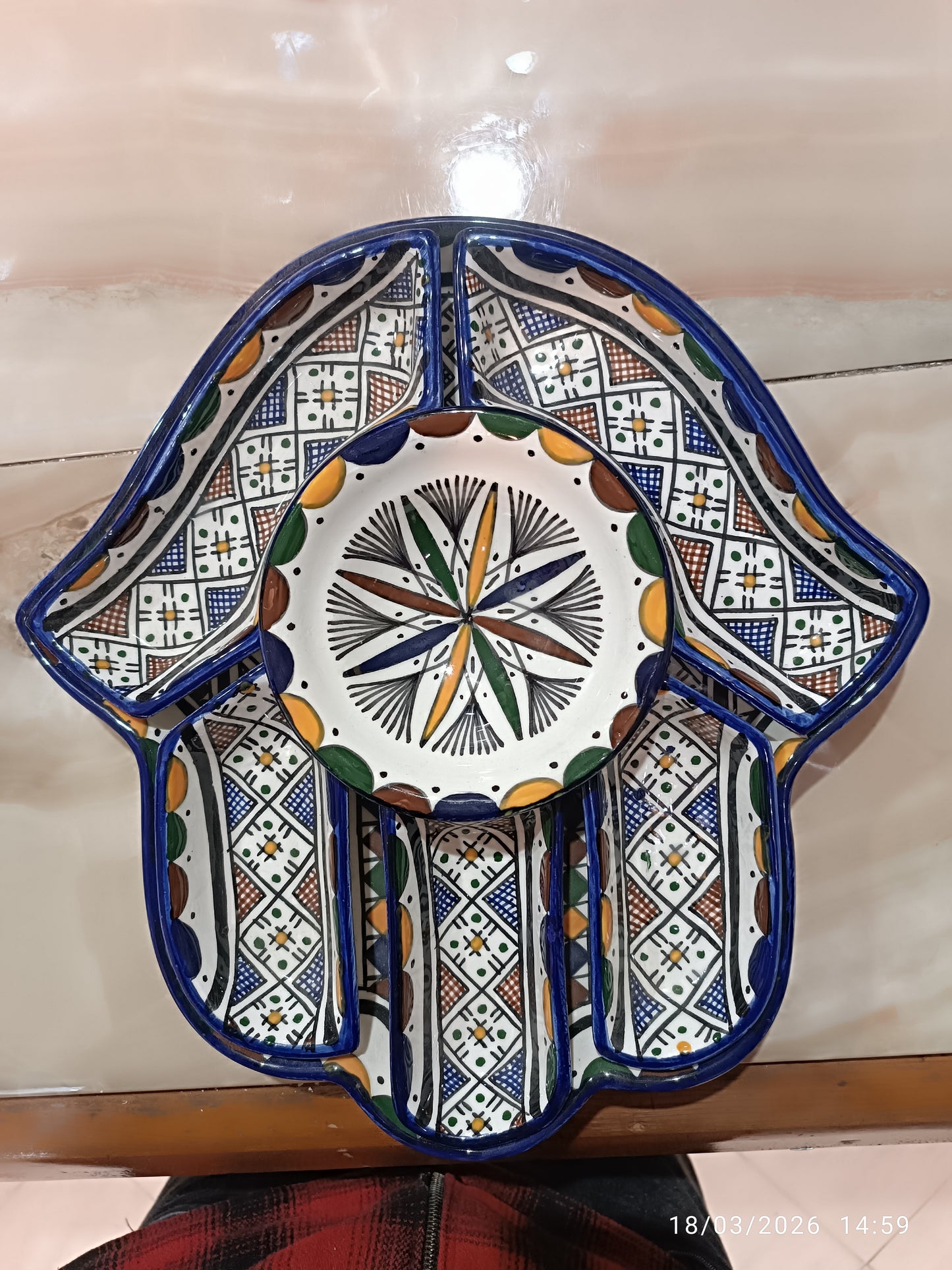 Handmade Moroccan Ceramic Serving Set – Hamsa Design Platter with 6 Pieces | Fez Pottery 30x32 cm