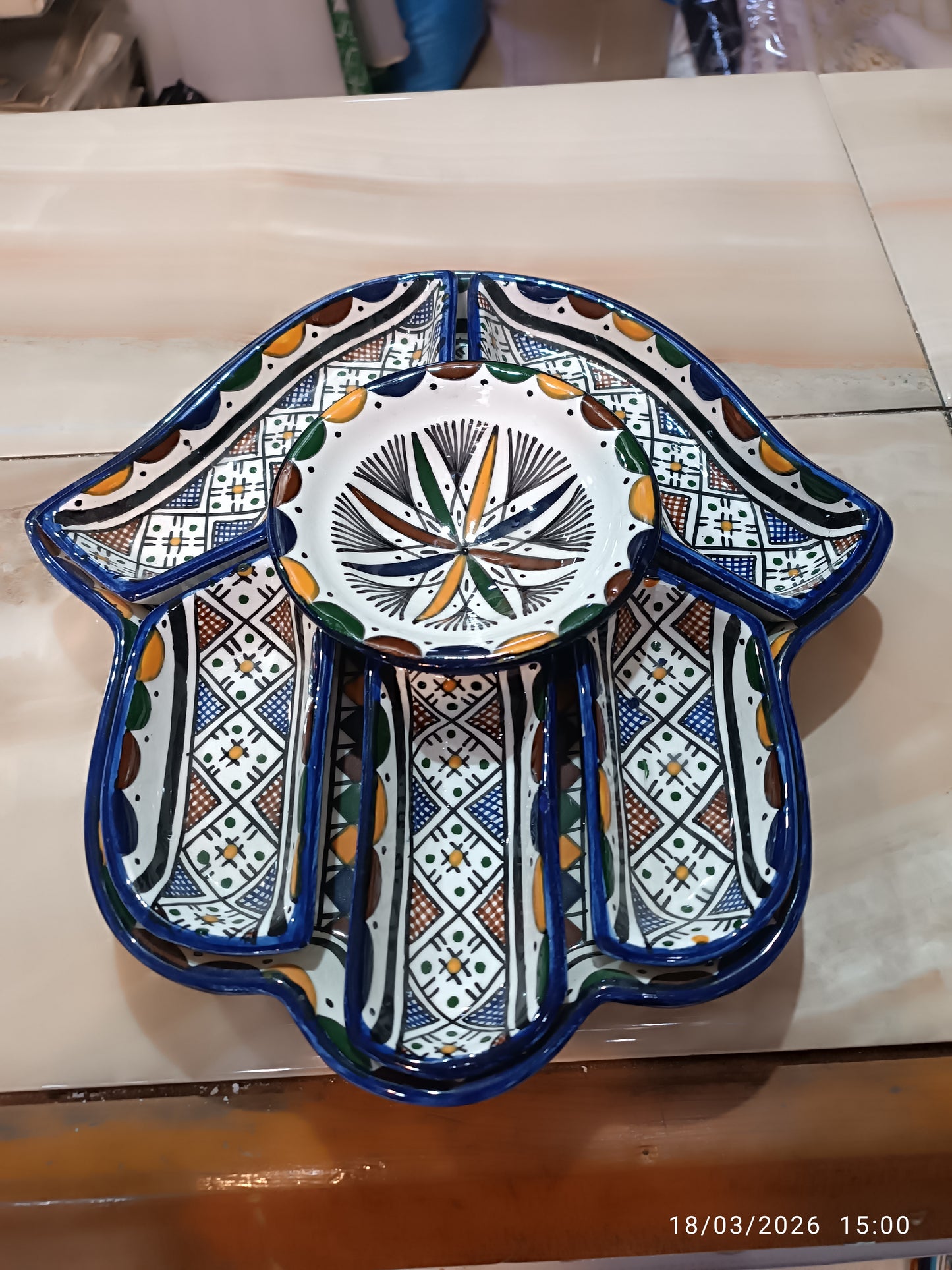 Handmade Moroccan Ceramic Serving Set – Hamsa Design Platter with 6 Pieces | Fez Pottery 30x32 cm