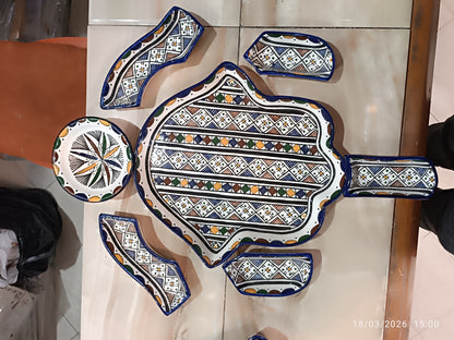Handmade Moroccan Ceramic Serving Set – Hamsa Design Platter with 6 Pieces | Fez Pottery 30x32 cm