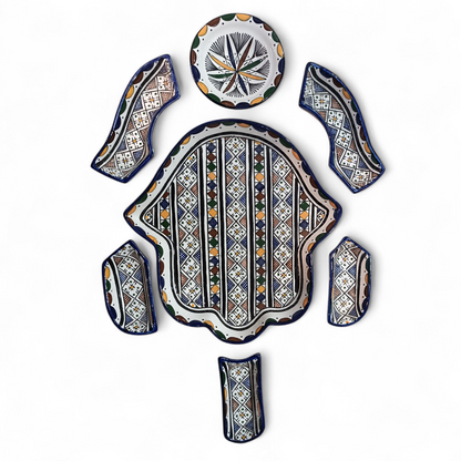 Handmade Moroccan Ceramic Serving Set – Hamsa Design Platter with 6 Pieces | Fez Pottery 30x32 cm