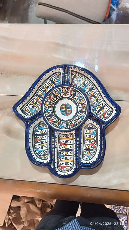 Hamsa Design Platter with 7 Pieces Handmade Moroccan Ceramic Serving Set  | Fez Pottery 30x32 cm