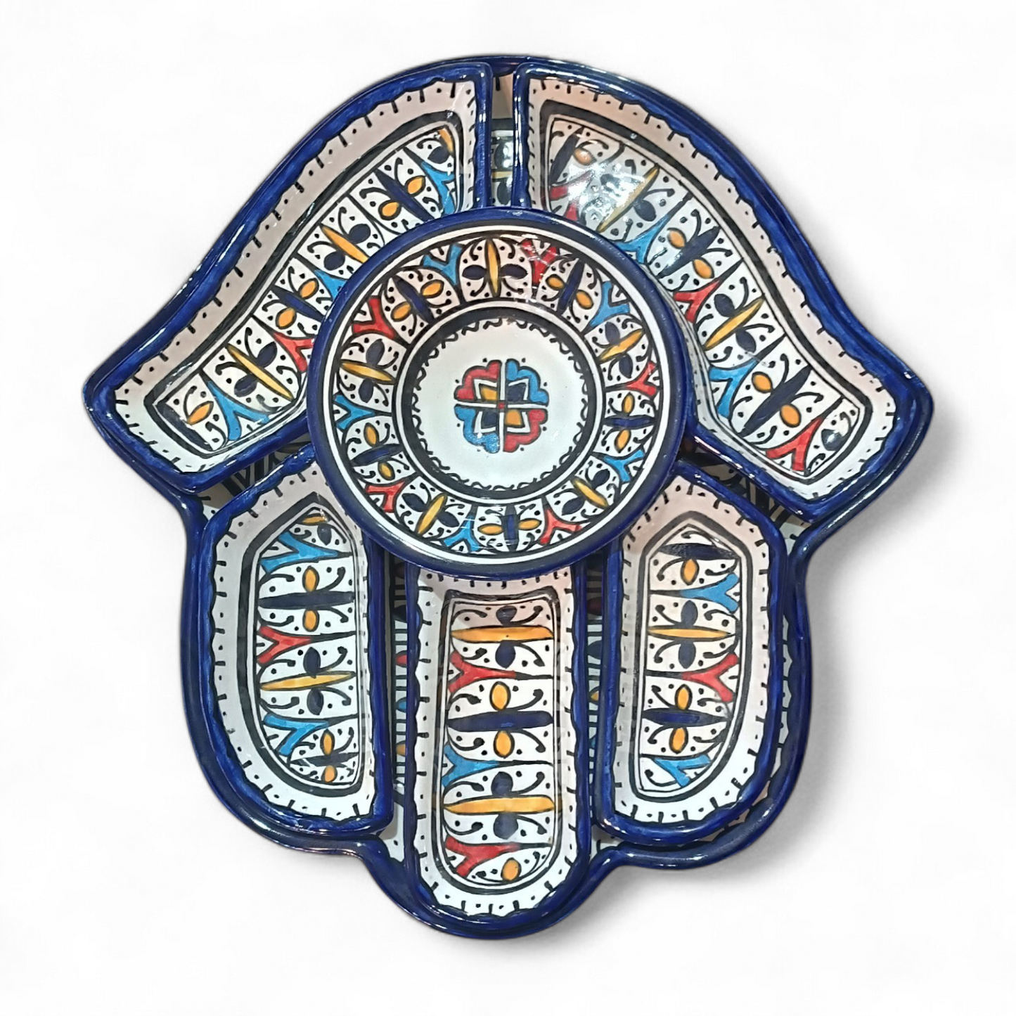 Hamsa Design Platter with 7 Pieces Handmade Moroccan Ceramic Serving Set  | Fez Pottery 30x32 cm