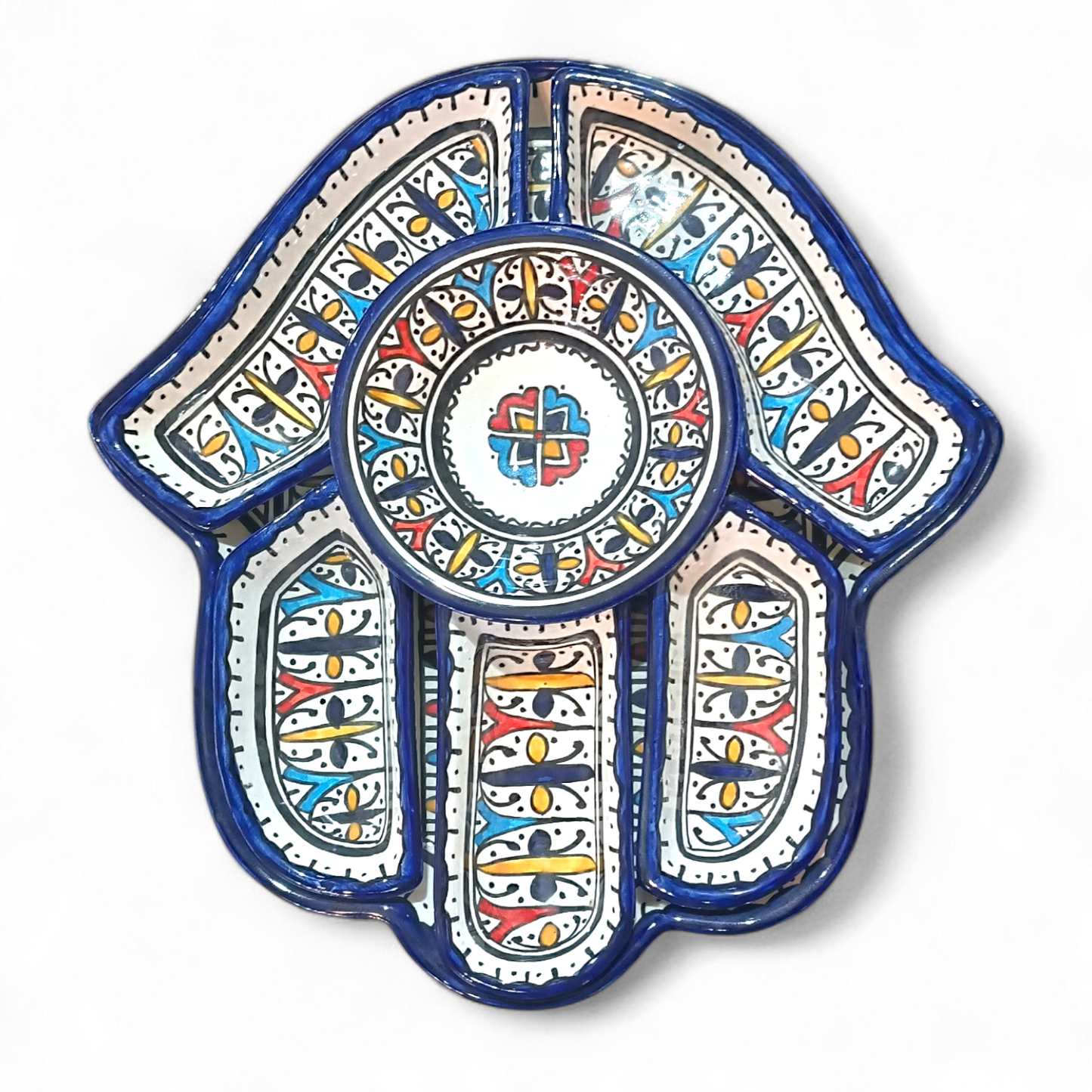 Hamsa Design Platter with 7 Pieces Handmade Moroccan Ceramic Serving Set  | Fez Pottery 30x32 cm