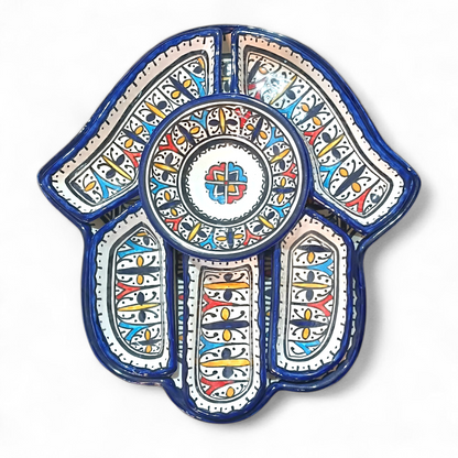Hamsa Design Platter with 7 Pieces Handmade Moroccan Ceramic Serving Set  | Fez Pottery 30x32 cm