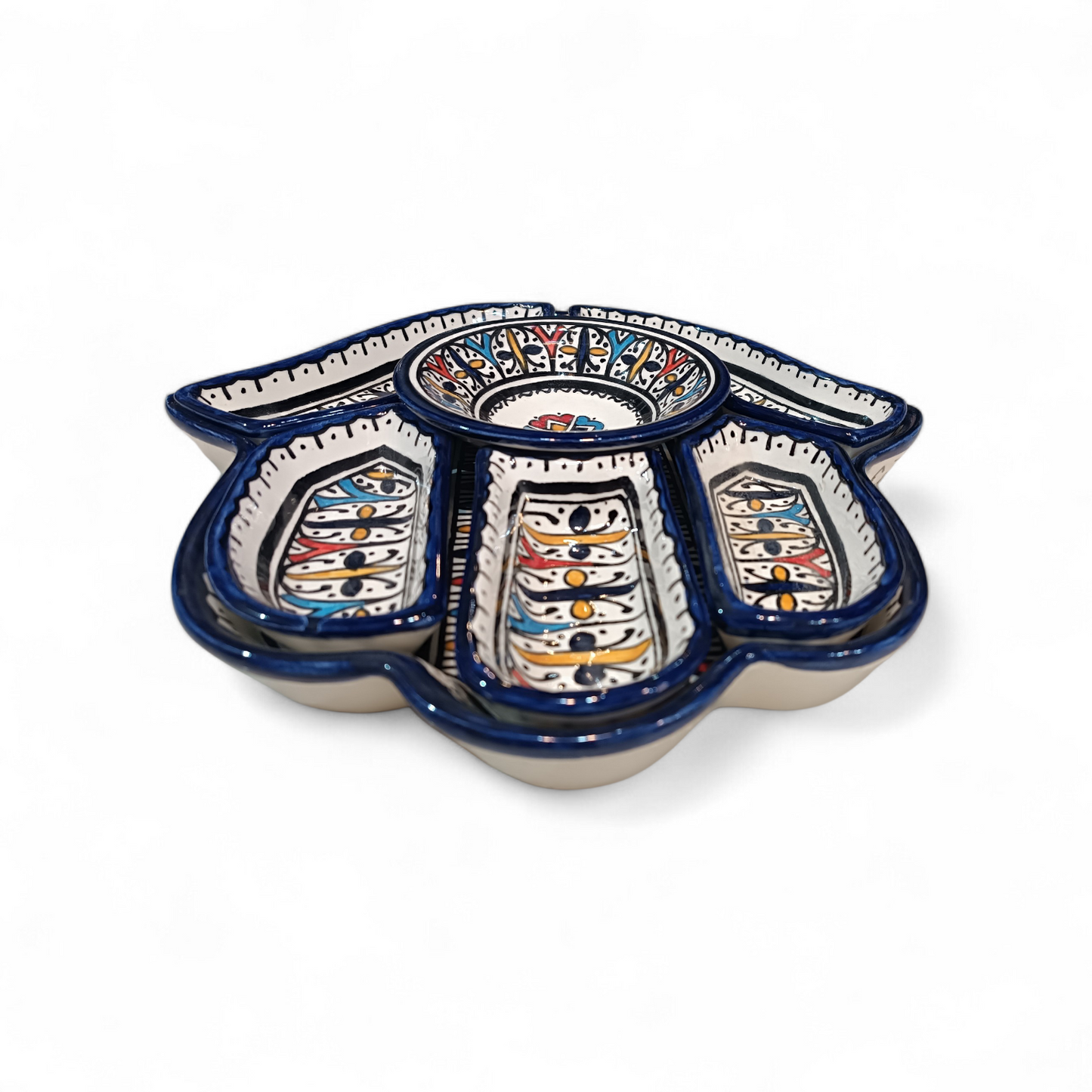 Hamsa Design Platter with 7 Pieces Handmade Moroccan Ceramic Serving Set  | Fez Pottery 30x32 cm