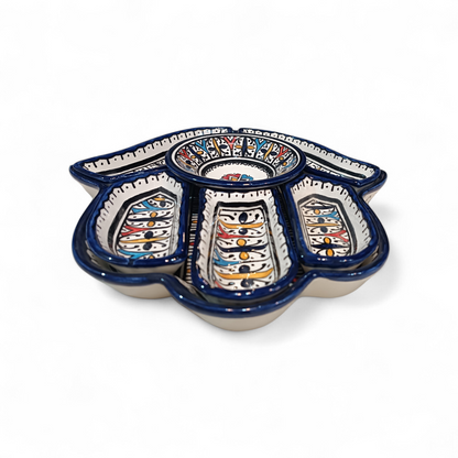 Hamsa Design Platter with 7 Pieces Handmade Moroccan Ceramic Serving Set  | Fez Pottery 30x32 cm