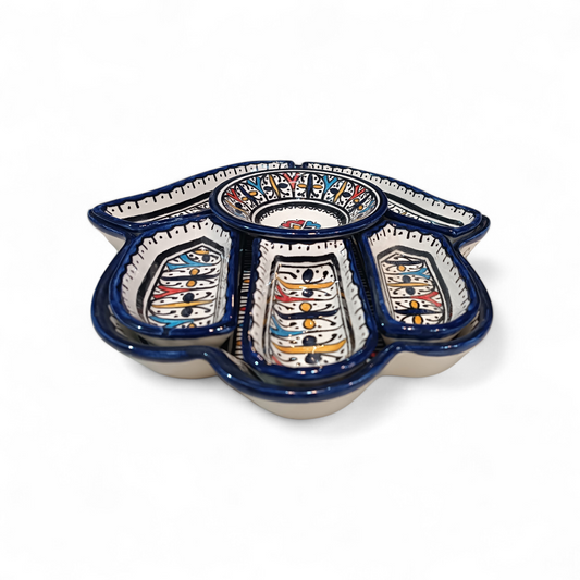 Hamsa Design Platter with 7 Pieces Handmade Moroccan Ceramic Serving Set  | Fez Pottery 30x32 cm