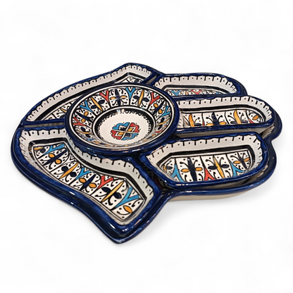 Hamsa Design Platter with 7 Pieces Handmade Moroccan Ceramic Serving Set  | Fez Pottery 30x32 cm