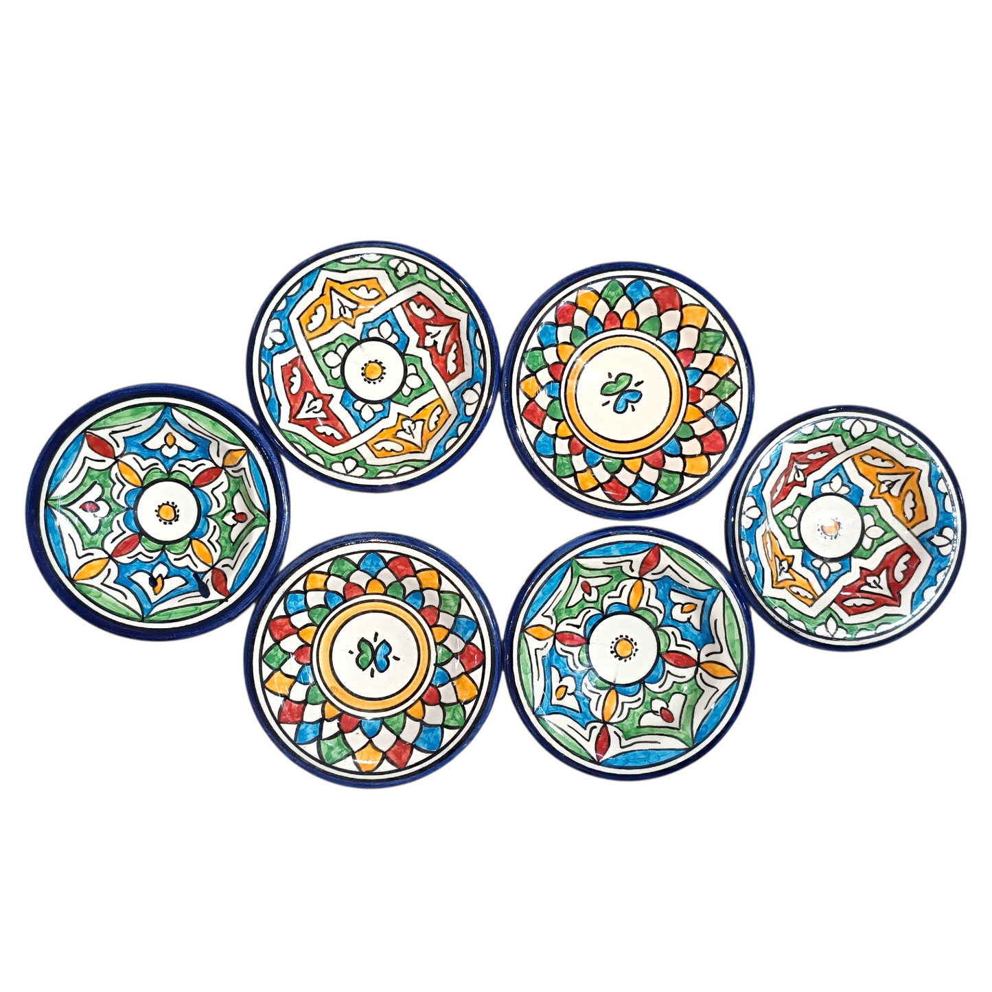 Set of 6 Handmade Moroccan Ceramic Mini Plates (10 cm) – Blue & Multicolor Fez Pottery Dishes