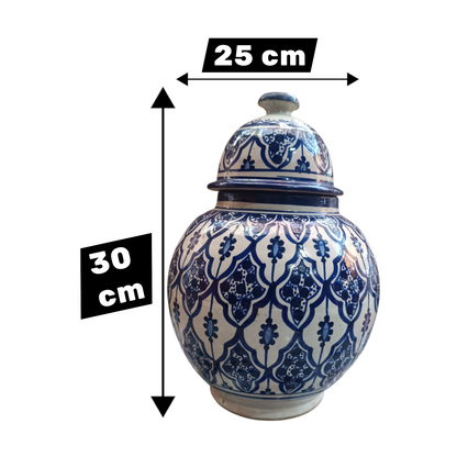Handmade Moroccan fes pottery Blue & White Ceramic Jar with Lid – 30cm