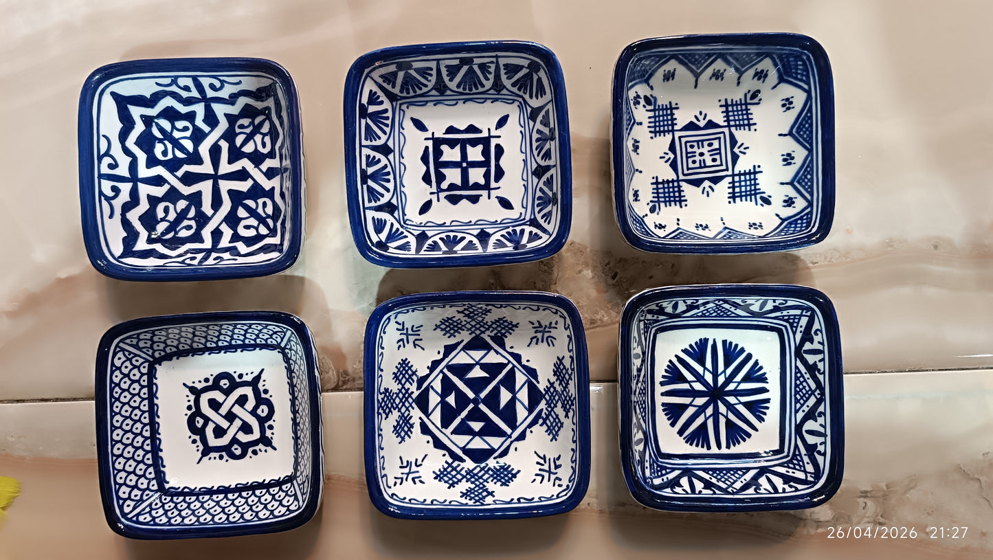Handmade Moroccan Square Ceramic Bowls Set – 11 cm Cobalt Blue Hand-Painted Mini Dishes for Olive Oil, Dips & Appetizers