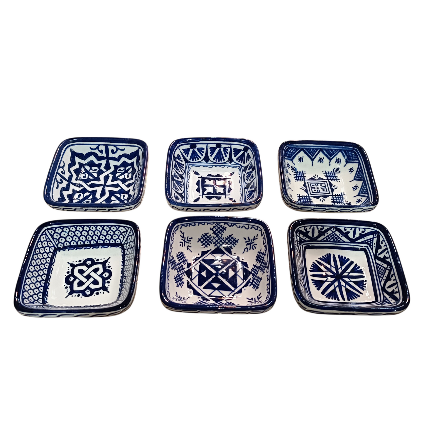 Handmade Moroccan Square Ceramic Bowls Set – 11 cm Cobalt Blue Hand-Painted Mini Dishes for Olive Oil, Dips & Appetizers