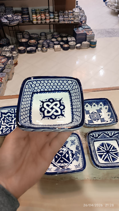 Handmade Moroccan Square Ceramic Bowls Set – 11 cm Cobalt Blue Hand-Painted Mini Dishes for Olive Oil, Dips & Appetizers