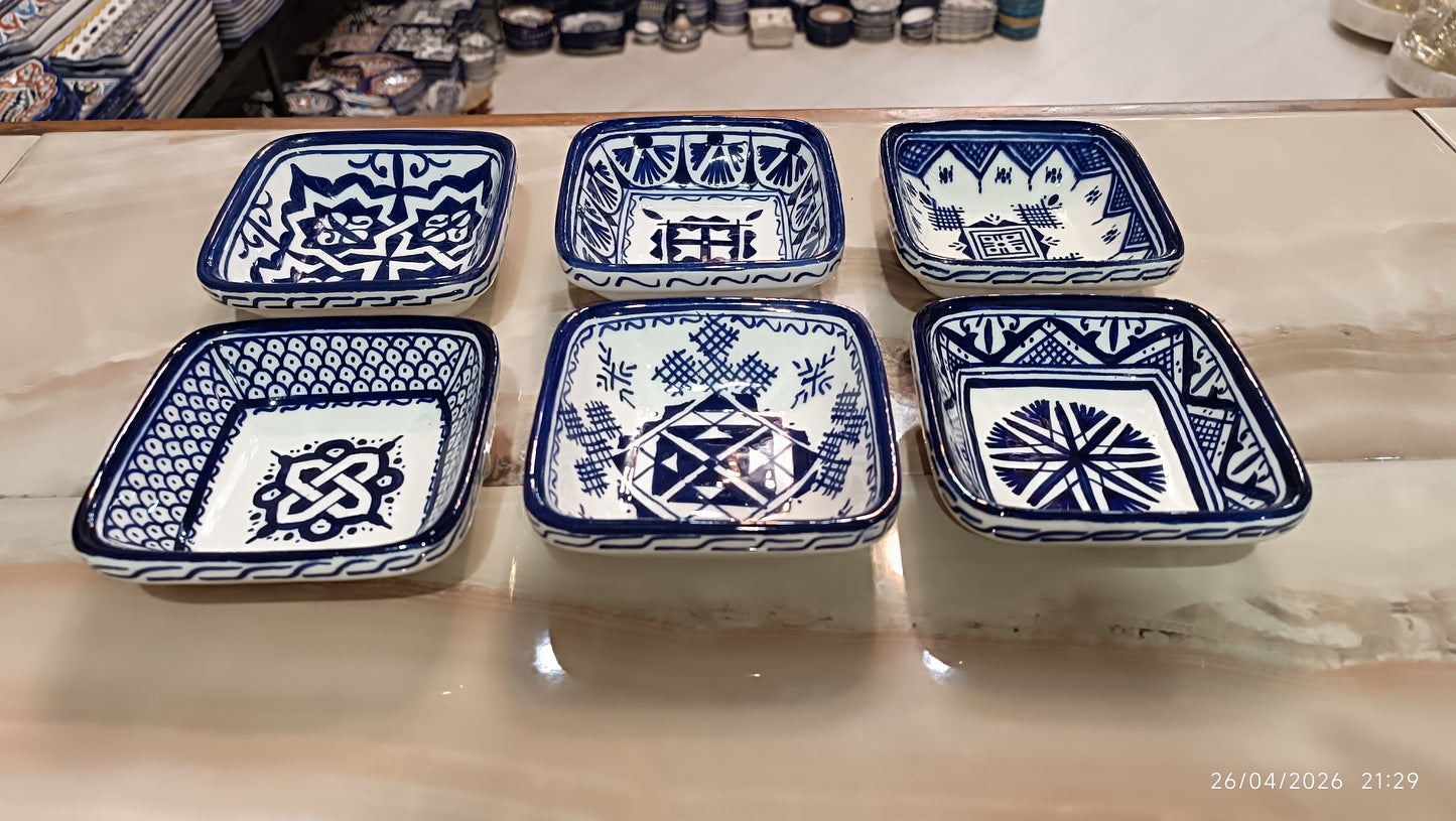 Handmade Moroccan Square Ceramic Bowls Set – 11 cm Cobalt Blue Hand-Painted Mini Dishes for Olive Oil, Dips & Appetizers